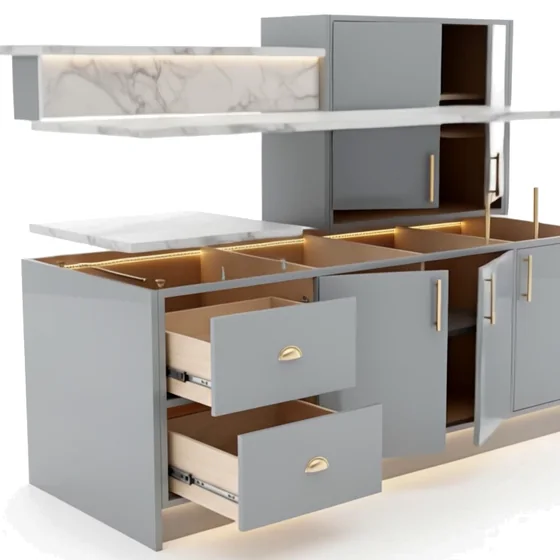 Exploded view of the full kitchen unit.
